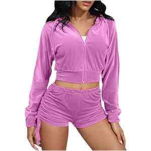Conjunto de Sudadera Corta con Capucha y Pantalones Cortos para Mujer, con Logotipo Personalizado, Tejido Acanalado, Dos Piezas, Estilo Deportivo Informal, para Primavera y Otoño, Venta al por Mayor - Product Image 1