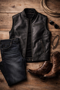 Men's Leather Vest Black Genuine Leather <b>Biker</b> Style Zip Up Casual Motorcycle Wear Premium Motorcycle Riding Vest - Product Image 4