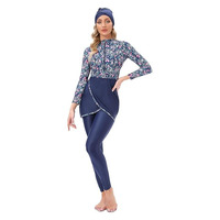 Kişiye Özel Tesettür İslami Burkini Yüksek Bel Kesimli Yuvarlak Yaka Baskılı Spandeks/Polyester Mayo 2 Parça Takım Önü Nefes Alabilen