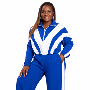 Women's Blue <b>White</b> Color Block Tracksuit Set Full Sleeve Loose Fit Sporty Style Knitted Polyester All Seasons Wear - Product Image 4