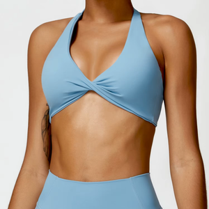 Women Seamless Twist <b>Halter</b> Sports <b>Bra</b> Deep V <b>Neck</b> Medium Support Yoga Workout Green - Product Image 4