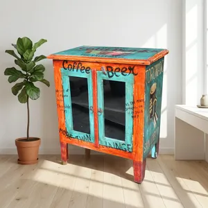 Reclaimed Wooden <b>Poster</b> Hand Painted Kitchen Cabinet Living Room Storage Cabinet with 2Glass <b>Door</b> Handcrafted For Hotel Interior - Product Image 1