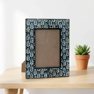 <b>Black</b> Resin <b>Photo</b> <b>Frame</b> Vertical Tabletop Picture Holder with White Leaf Pattern and Gold Dots Handcrafted Resin Picture <b>Frame</b> - Product Image 1