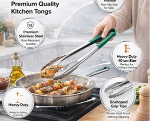 MANOJ Stainless Steel Kitchen Tongs MI-5027-25 25 cm Heat Resistant Green Handle | Polished Finish Heavy Duty | Multipurpose <b>BBQ</b> - Product Image 2