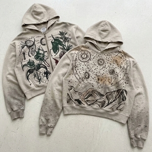 Unisex Cropped Hooded Zipper Sweatshirt Printed Tree Pattern Oversized Fit Casual Style Autumn Wear 100 Cotton Knitted Fabric - Product Image 5