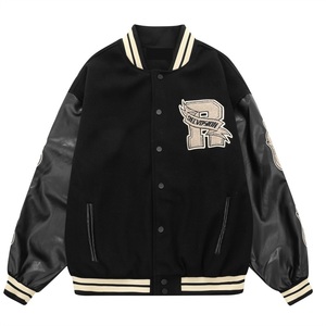 <b>Men's</b> <b>Black</b> Varsity <b>Jacket</b> PU Material Embroidered Letter Logo Turn-down Collar Regular Fit Autumn Casual Style - Product Image 1