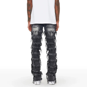 Pantalon évasé streetwear tendance, jean évasé déchiré et vieilli, jean skinny personnalisé pour homme, jean en denim patché, jean empilé pour homme - Product Image 6