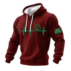 เสื้อฮู้ดวาฟเฟิลสีชมพูสำหรับผู้ชาย พร้อมลายปัก ECG รูปใบโคลเวอร์สีเขียวด้านหน้าและแขนเสื้อ สวมใส่สบายๆ ในฤดูใบไม้ผลิ - Product Image 2