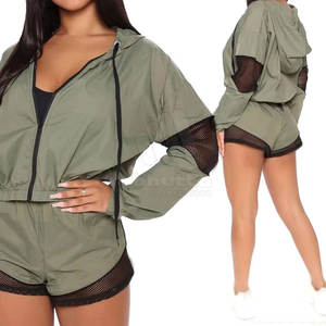 Ensemble short et veste coupe-vent élégant et décontracté pour femme, avec capuche, coupe-vent, respirant, écologique, pour l'entraînement quotidien - Product Image 6