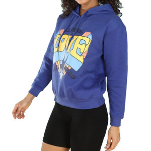 Sudadera con capucha corta para mujer, azul estampado, de manga larga, de forro polar, informal, de color liso, con hombros caídos, tipo jersey. - Product Image 3