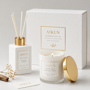 ชุดกล่องของขวัญน้ำหอมอโรมา AIKUN ดีไซน์หรูหราทันสมัย พร้อมเทียนหอมจากถั่วเหลือง และก้านไม้หอม สำหรับตกแต่งโรงแรม ล็อบบี้ และบ้าน - Product Image 1