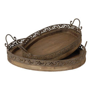 Ensemble de 2 plateaux de service rectangulaires rustiques en bois brûlé, multi-usages, avec poignées métalliques, pour servir café et nourriture - Product Image 3