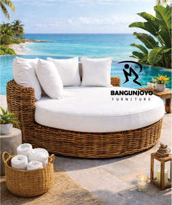 <b>Round</b> <b>Outdoor</b> Lounge Bed In All-Weather Wicker With White Pillows - Product Image 2