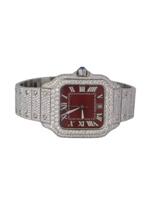 Reloj de Lujo con Incrustaciones de Moissanita, Movimiento de Cuarzo ETA, Acero Inoxidable, Unisex, Esfera Roja VVS, Personalizado H - Product Image 1