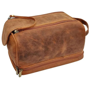 Trousse de Toilette en Cuir Taille Moyenne Style Vintage Fermeture Éclair Poignée Souple Organisateur de Cosmétiques Étui de Voyage - Product Image 1