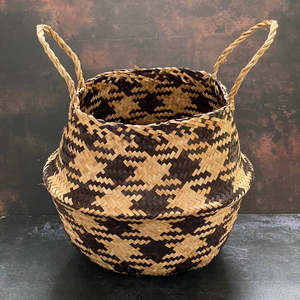 Foldable Natural Seagrass <b>Belly</b> <b>Basket</b> with Handles – Multifunctional Boho Vintage Storage Tote for Home Decor - Product Image 5