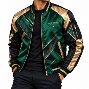 Chaqueta Bomber de Satén con Bloques de Color para Hombre, Dorado y Verde, Cortavientos, con Cremallera, Cuello Alto, para Otoño, Precio Económico, Venta al por Mayor, OEM Personalizado - Product Image 1