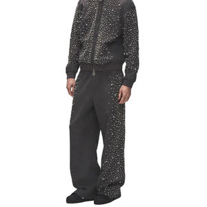 Pantalon de jogging vintage personnalisé en coton French Terry, coupe oversize, avec strass, jambe large, délavé à l'acide, style évasé, pour Sake - Product Image 6