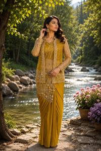 Conjunto Indio-Pakistaní Amarillo Bordado con Encaje, Blusa de Manga Larga y Dupatta, Ropa Formal Festiva - Product Image 1