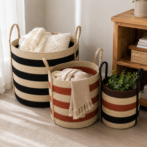 Striped Seagrass Circle Storage <b>Baskets</b> with Handles-Eco-Friendly Multifunction Rustic Home Decor for Multi-Purpose Neatening - Product Image 6