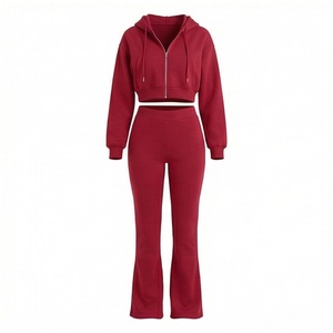 Women Red Hooded <b>Zipper</b> Crop <b>Top</b> & Full Length Sweatpants Tracksuit Set Casual Solid Color Autumn Wear - Product Image 1