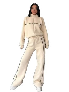 Conjunto Deportivo de Felpa 100% Algodón para Mujer, Color Crema, Manga Larga, Cuello Alto, Corte Holgado, Ropa Deportiva Informal con Franja Lateral, OEM ODM - Product Image 1