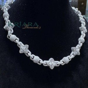 Women's S925 Silver Rhodium Plated Moissanite <b>Statement</b> <b>Necklace</b> Flower Shape Pavé Setting Figaro Chain Luxury Party Jewelry - Product Image 3