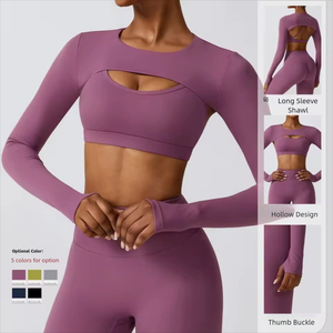 Ensemble de yoga sans couture pour femme : Leggings taille haute longs et brassière de sport à dos croisé à manches longues, couleur unie, tenue de sport - Product Image 2