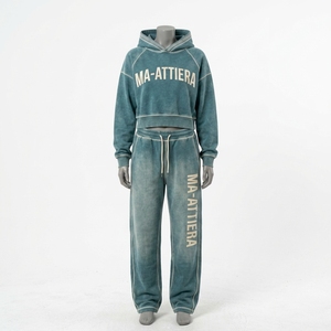 Conjunto de Sudadera Corta con Capucha y Pantalones Jogger de Pierna Ancha para Mujer, Color Verde Azulado Lavado, de Algodón y Felpa, Estilo Urbano, Venta al por Mayor OEM - Product Image 3