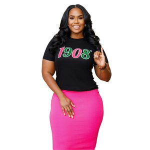เสื้อยืดเชนิลสีดำ 1908 ปักตัวอักษรกรีกสีชมพูสีเขียว เสื้อยืดผ้าฝ้ายพรีเมียม สตรีทแวร์ลำลอง เสื้อผ้าสำหรับชมรม - Product Image 1