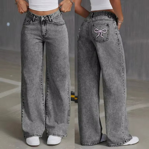 Spring Women Baggy Jeans Casual Bow Embroidered Jeans Women High Waist Straight Leg Pants for Ladies - Product Image 1