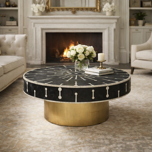 <b>Round</b> Modern Marble Coffee <b>Table</b> Black and <b>White</b> Inlay Metal Base Living Room Furniture Customizable - Product Image 1