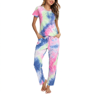Conjunto de pijama de algodón con efecto tie-dye para mujer, manga corta, cuello redondo, pantalones largos con cordón y bolsillos laterales, ropa informal de verano - Product Image 2