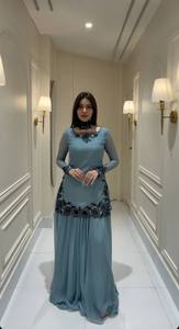 Ensemble Sharara élégant bleu ciel brodé avec dentelle florale noire, extensible et infroissable, tenue de soirée ethnique moderne de créateur - Product Image 1