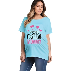 เสื้อยืดทรงหลวมสำหรับคุณแม่มือใหม่ Proud First Time Mommy สีฟ้า ผ้าฝ้าย คอกลม แขนสั้น พิมพ์ลาย เสื้อเจอร์ซีย์ลำลอง - Product Image 1