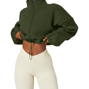 Sudadera Corta con Cierre de Cremallera para Mujer, Color Verde Oliva, de Forro Polar, Cuello Alto, Hombros Caídos, Manga Larga, Estilo Oversize, para Otoño - Product Image 5