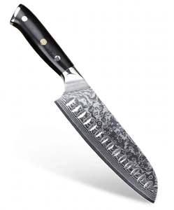 Couteau de cuisine Santoku en acier Damas, manche noir G10, bord Granton, mosaïque florale, outil culinaire - Product Image 1