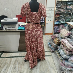 Women Rust Brown Printed <b>2</b> <b>Piece</b> <b>Set</b> V Neck Ruffle Crop <b>Top</b> <b>and</b> Tiered Maxi <b>Skirt</b> - Product Image 2