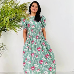 Vestido largo maxi de algodón indio con estampado floral y cuello redondo, manga corta, estampado en bloque, superventas 2026 para mujer - Product Image 1