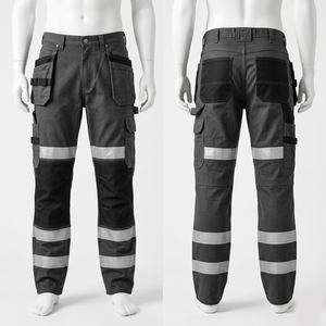 Mens <b>Work</b> <b>Pant</b> 280 GSM Poly Cotton Twill Grey <b>Black</b> Contrast Panel Reflective Tape Custom Embroidery Print Logo - Product Image 1