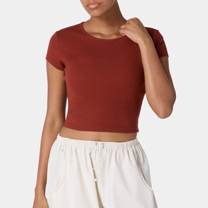 Women <b>Red</b> <b>Crop</b> <b>Top</b> O Neck Short Sleeve Slim Fit Knitted Casual T Shirt Solid Color Breathable for Spring Summer Wear Comfortable - Product Image 5
