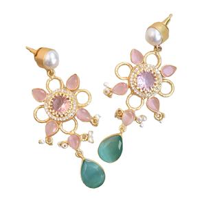 Boucles d'oreilles clous en laiton perlé, zircon, semi-précieux, plaqué rhodium, style avant-gardiste, vente en gros - Product Image 3