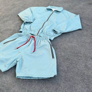 Ensemble de survêtement bleu clair pour femmes, manches longues, fermeture éclair, short sportif, séchage rapide, léger, ensemble d'été, couleur unie, coupe ample - Product Image 4
