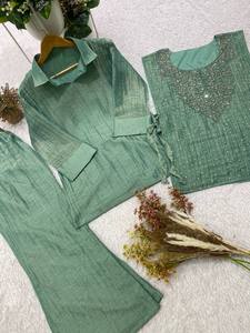 Ensemble Kurta en lin vert menthe et marron pour femme, avec devant brodé, coupe ample, style traditionnel décontracté, Inde, Pakistan. - Product Image 4