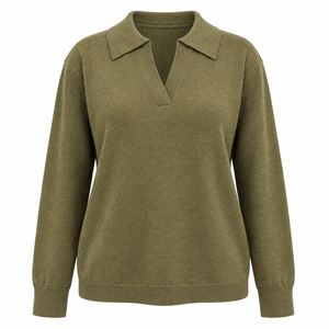 Women's Olive Green Casual Anti-Pilling 100% Cotton V-neck Pullover Long Sleeve Soft <b>Fine</b> Knitwear Winter Daily Wear - Product Image 2