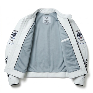 Velocity 44 Men's Motorcycle Jacket White Stand Collar Zipper Breathable Moto <b>Biker</b> Style <b>Patch</b> Designs - Product Image 5
