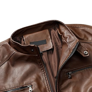 OEM Men's Genuine Leather Streetwear Winter Jacket with Zipper Closure Sherpa Lining <b>Fur</b> <b>Trim</b> Breathable Stand Collar - Product Image 4