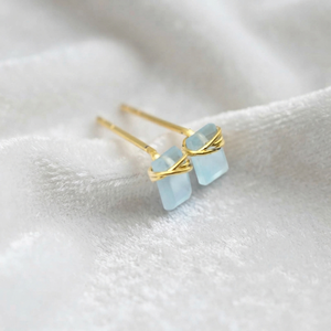 Wire Wrapped Ruby <b>Stud</b> <b>Earrings</b> 6x4mm Light <b>Blue</b> Brass Gold Plated Minimalist Women's Jewelry - Product Image 5