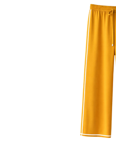 Pantalon de survêtement large jaune moutarde personnalisé pour femme avec bande latérale blanche, taille élastique et cordon de serrage, pantalon décontracté pour la détente, approvisionnement en gros OEM - Product Image 3