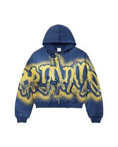 Sudadera con capucha unisex de algodón 100% de alto gramaje con cremallera, estilo urbano, con logotipo bordado personalizado, para invierno, con efecto desgastado y lavado ácido, teñido liso, oversize - Product Image 1